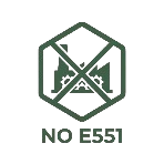 Hexagonal logo with a design inside, labeled 'NO E551'.