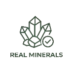 Logo with crystals and a checkmark labeled 'Real Minerals'.