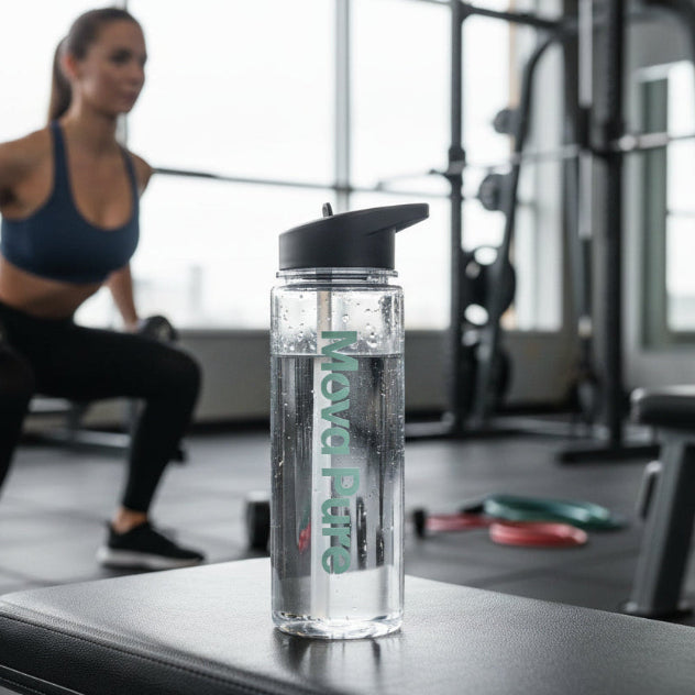 Clear water bottle with black lid and 'Mova Pure' branding on a white background
